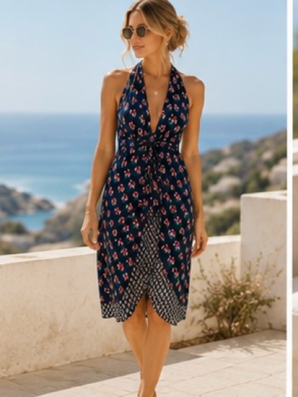 Diane Von Furstenberg Navy Floral Halter Midi Dress